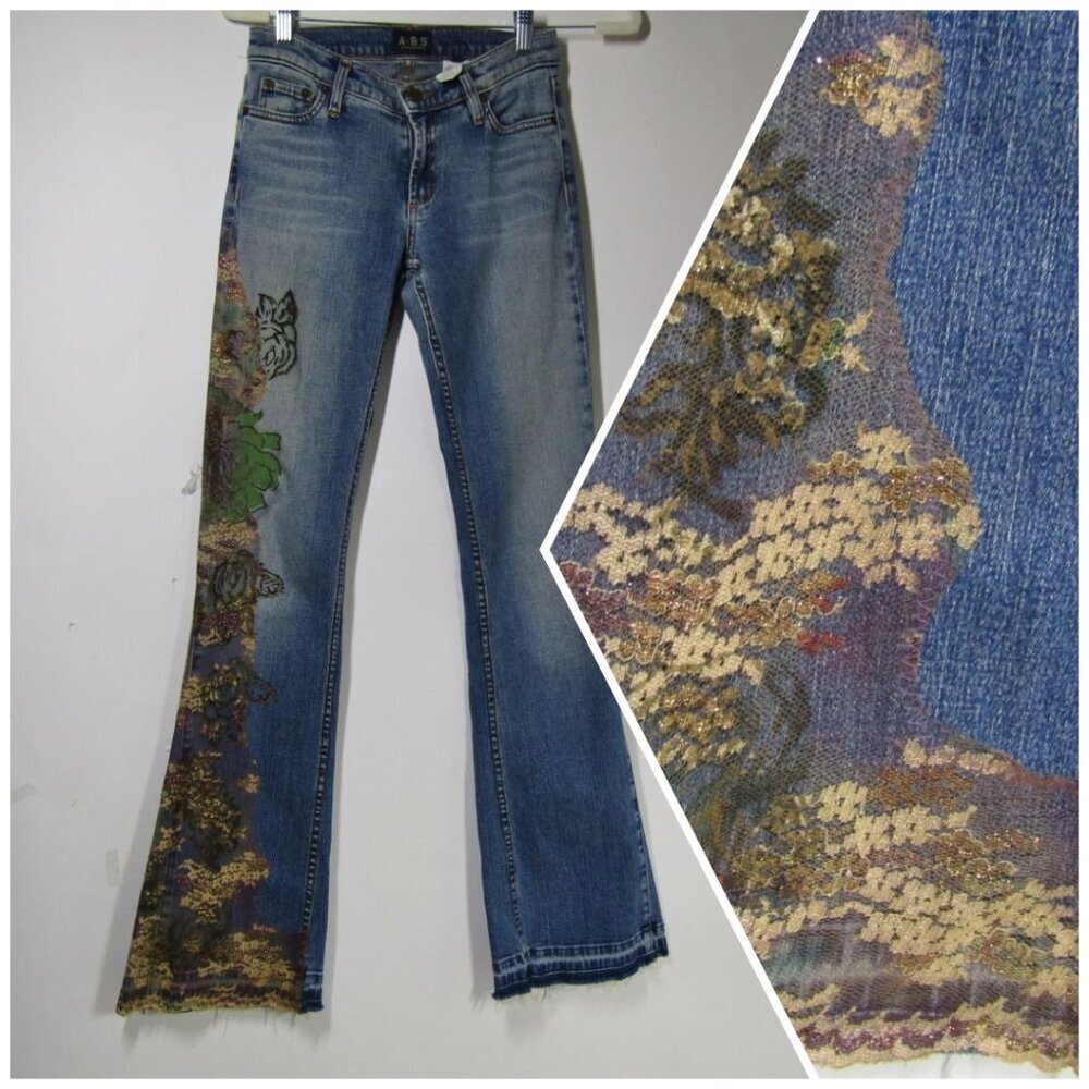 VTG  Y2K A.B.S. Allen Schwartz PAINTED Lace Blue Jeans BOHO Festival Flared 26
